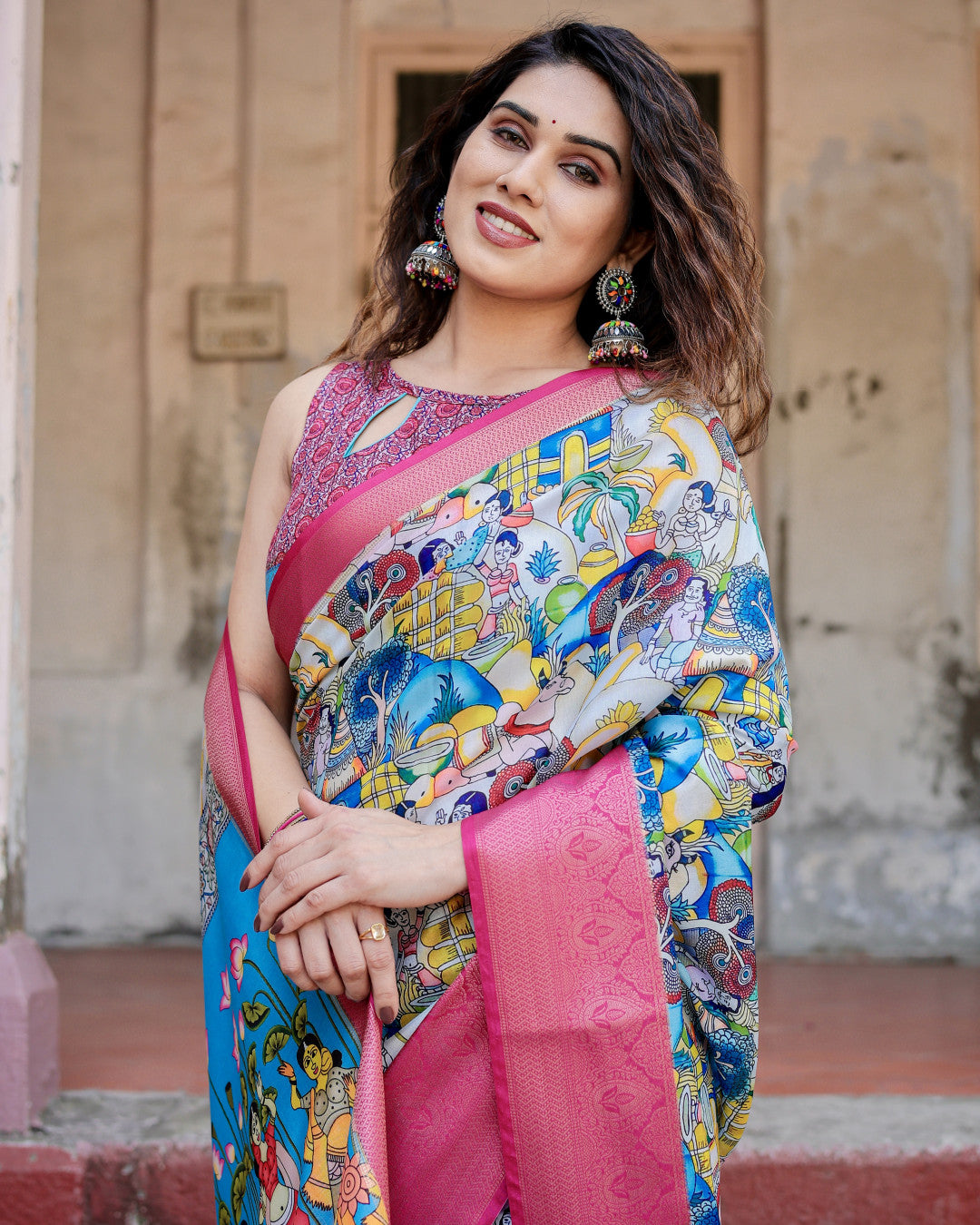 Multi Color Kalamkari Digital Printed Tussar Silk Saree | Designer Festive Ethnic Wear – JaipurSaaj