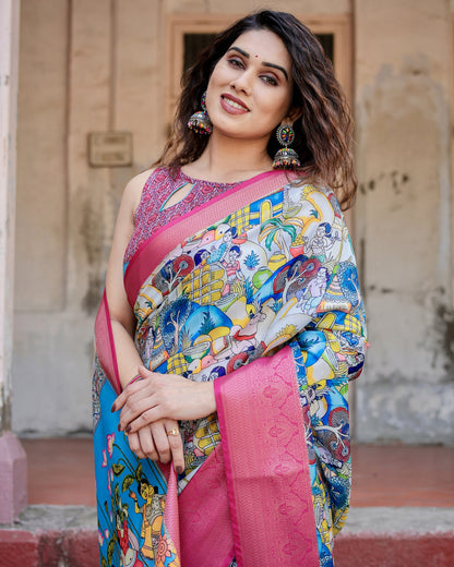 Multi Color Kalamkari Digital Printed Tussar Silk Saree | Designer Festive Ethnic Wear – JaipurSaaj