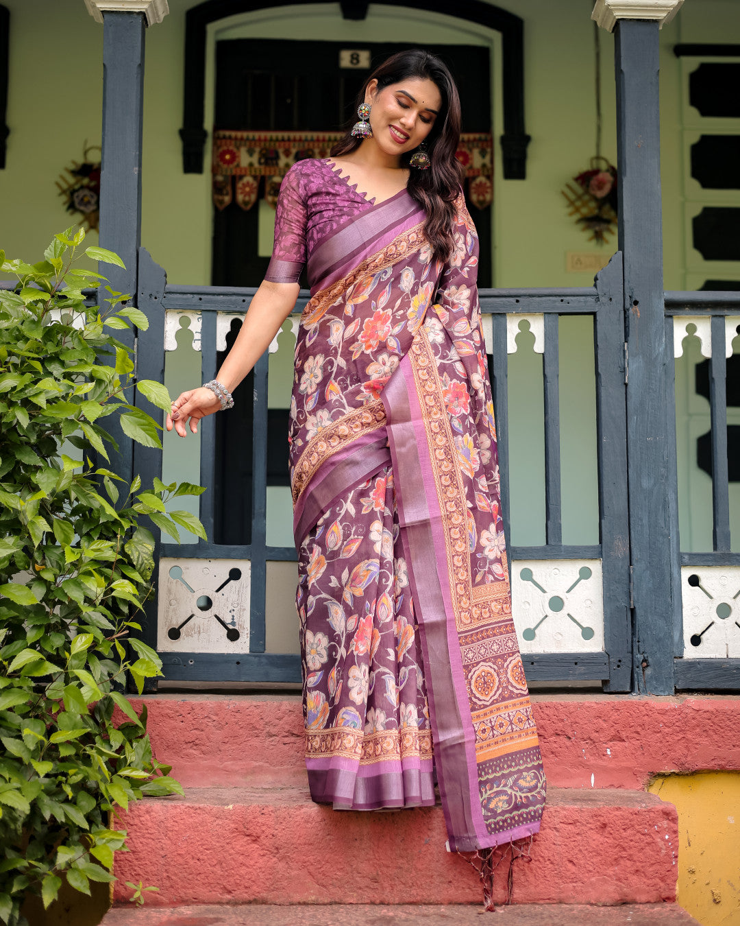 Magenta Summer Special Digital Printed Linen Cotton Saree