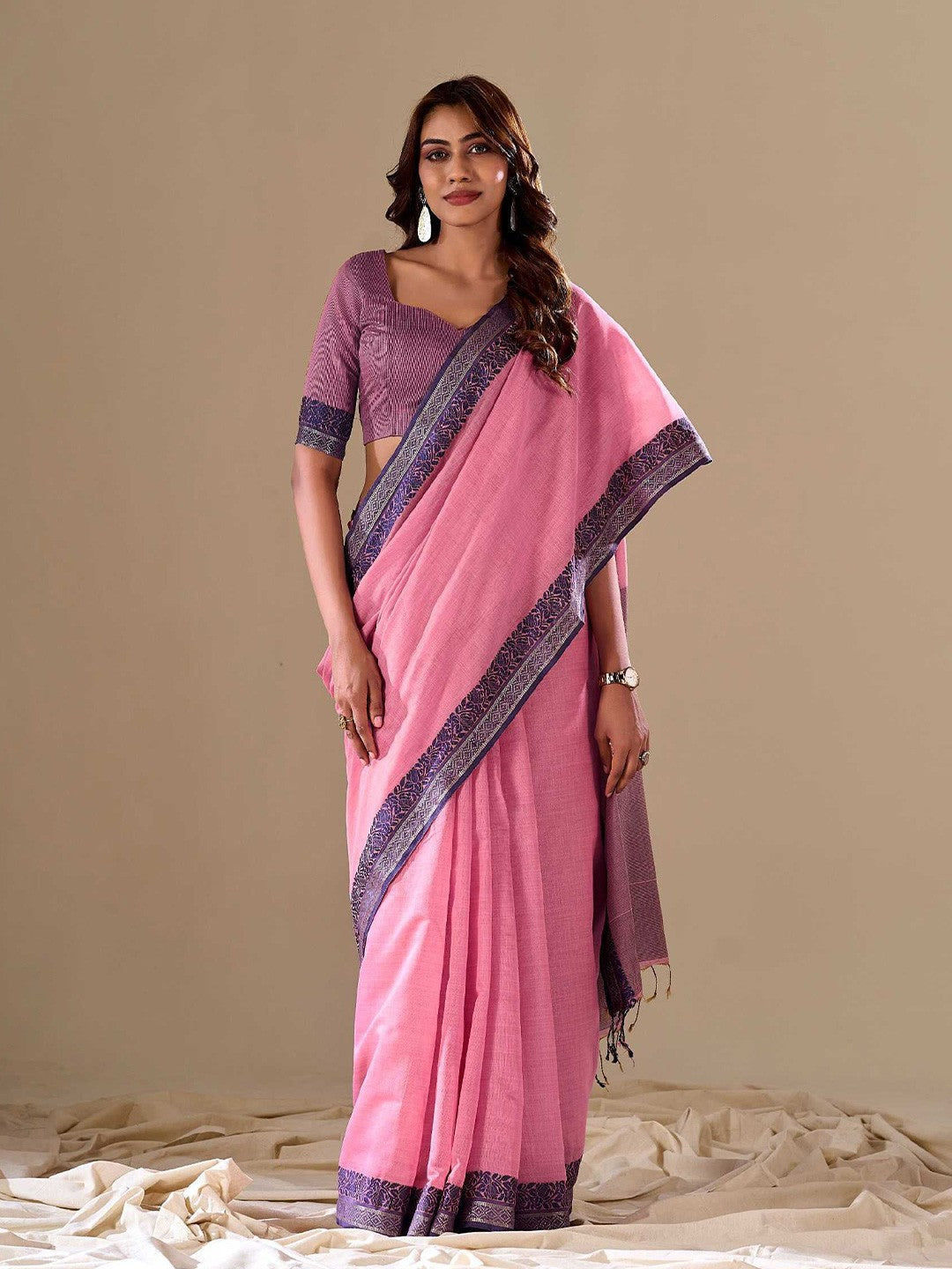 Baby Pink Linen Cotton Saree With Weaving Work
