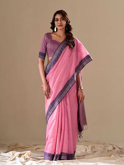 Baby Pink Linen Cotton Saree With Weaving Work