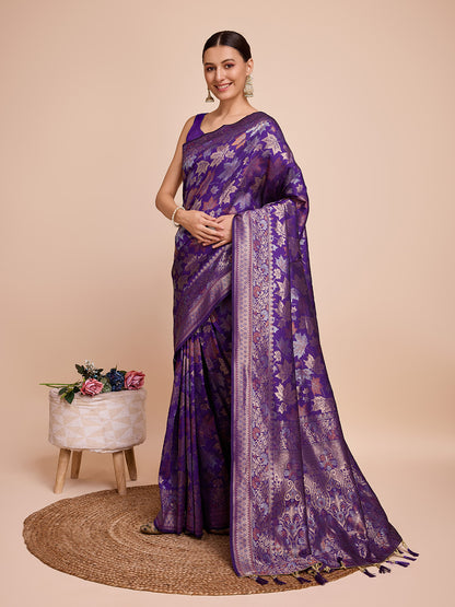 Golden & Copper Zari Weaving With Purple Soft Silk Banarasi Saree | Party & Wedding Wear - JaipurSaaj