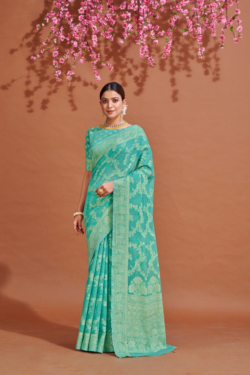 Sea Green Soft Cotton Saree With Lucknowi Work