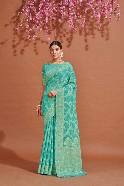 Sea Green Soft Cotton Saree With Lucknowi Work