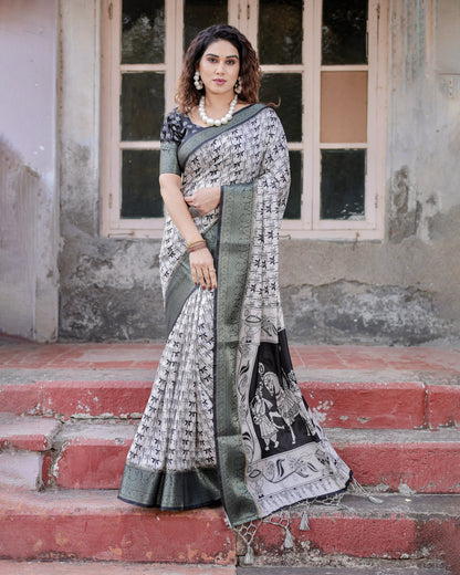 Black Digital Printed Tussar Silk Saree With Zari Motif Border | Traditional Festive Ethnic Wear – JaipurSaaj