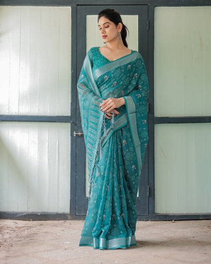 Rama Green Digital Printed Linen Cotton Saree | Summer Special Casual & Office Wear – JaipurSaaj