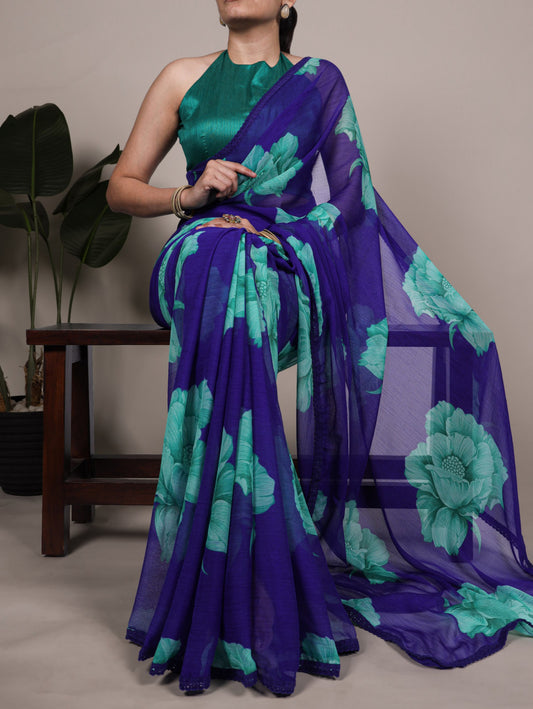 Blue Soft Chiffon Saree With Printed Work And Lace Border