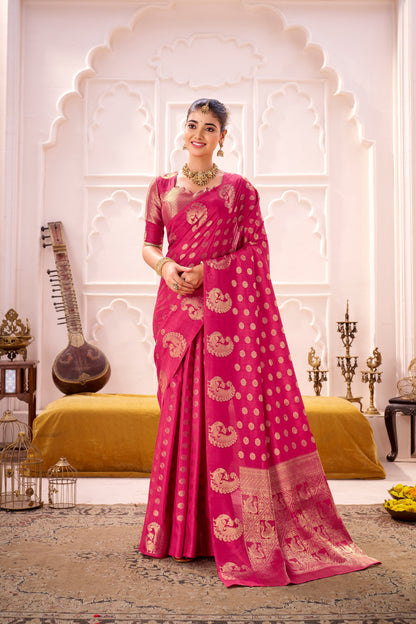 Pink Soft Roop Silk Saree With Printed Work & Zari Weaving Border | Traditional Festive Wear – JaipurSaaj
