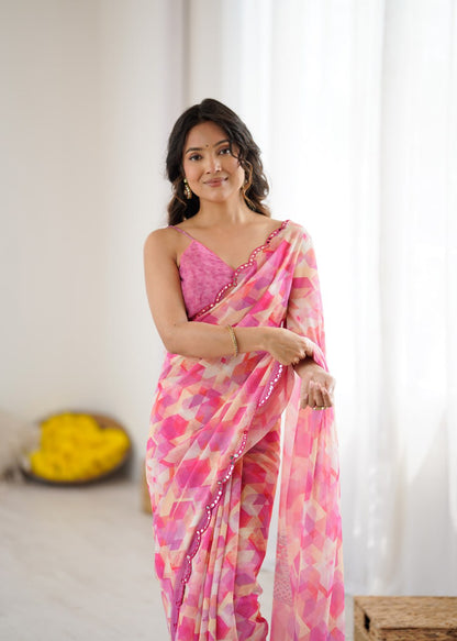 Pink Georgette Saree With Printed And Mirror Work With Arco Border