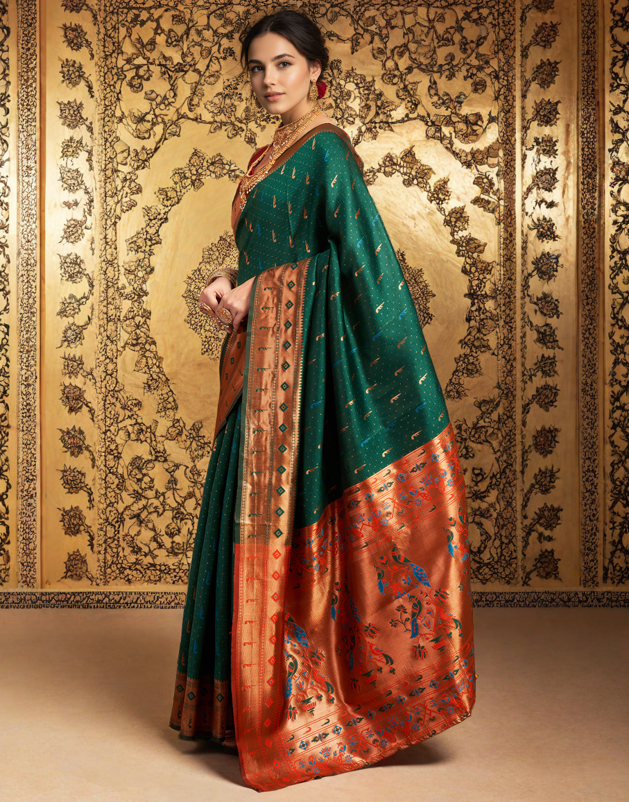 Traditional Green Paithani Silk Saree With Zari Weaving Work