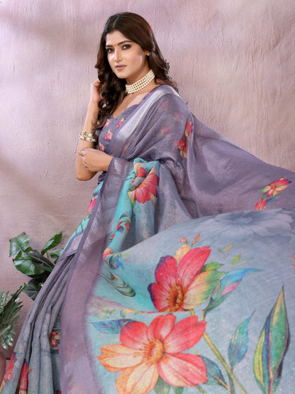 Multi Linen Cotton Saree With Digital Printed Work And Silver Zari Border