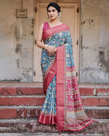 Multi Color Digital Printed Tussar Silk Saree With Zari Motif Border | Traditional Festive Ethnic Wear – JaipurSaaj