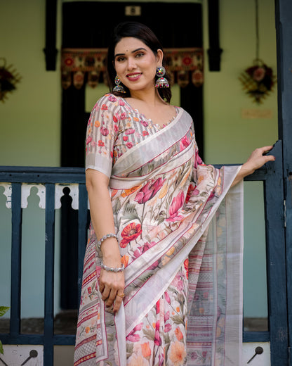Multi Color Digital Printed Linen Cotton Saree | Summer Special Casual & Office Wear – JaipurSaaj