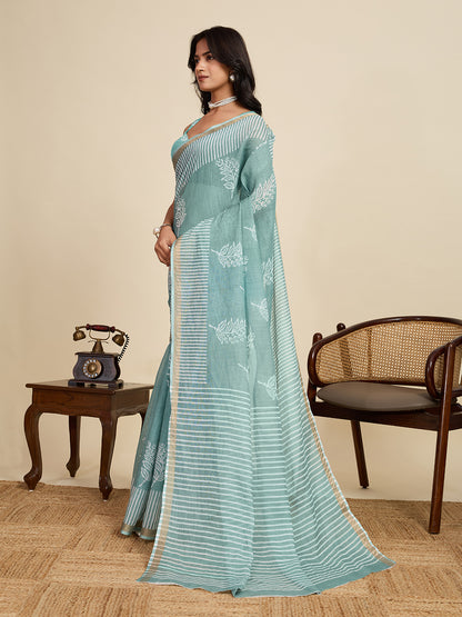 Sea Green Linen Cotton Saree With Digital Printed Work And Silver Zari Border | Lightweight Party & Festive Wear – JaipurSaaj