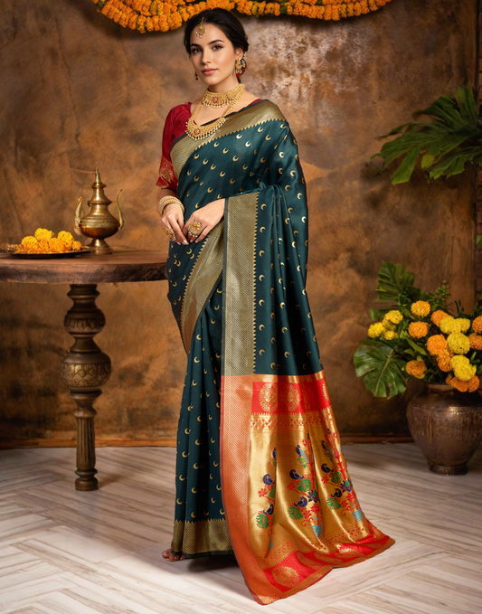 Traditional Dark Green Chand Design Paithani Silk Saree With Zari Weaving Work