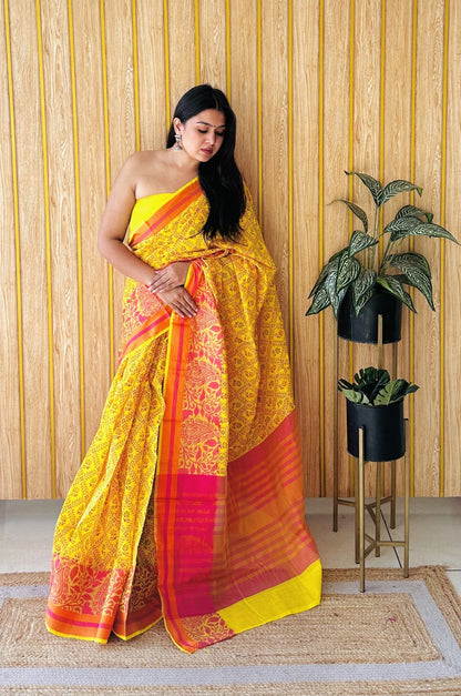 Yellow Soft Cotton Saree With Jacquard Border