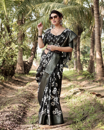 Black Tussar Silk Saree with Floral Woven Motifs & Zari Border | Traditional Festive Wear – JaipurSaaj