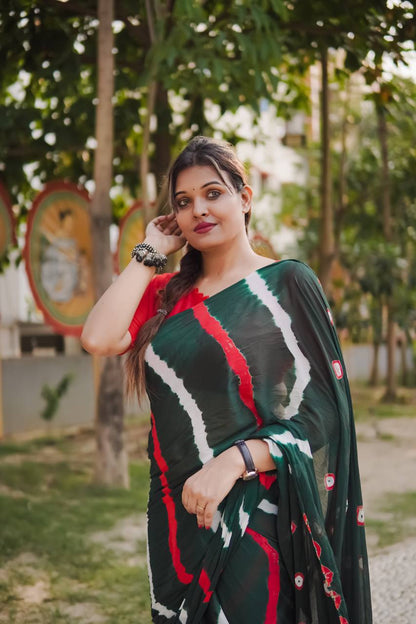 Green Soft Chinon Silk Saree With Shibori Printed Work | Casual & Festive Wear – JaipurSaaj
