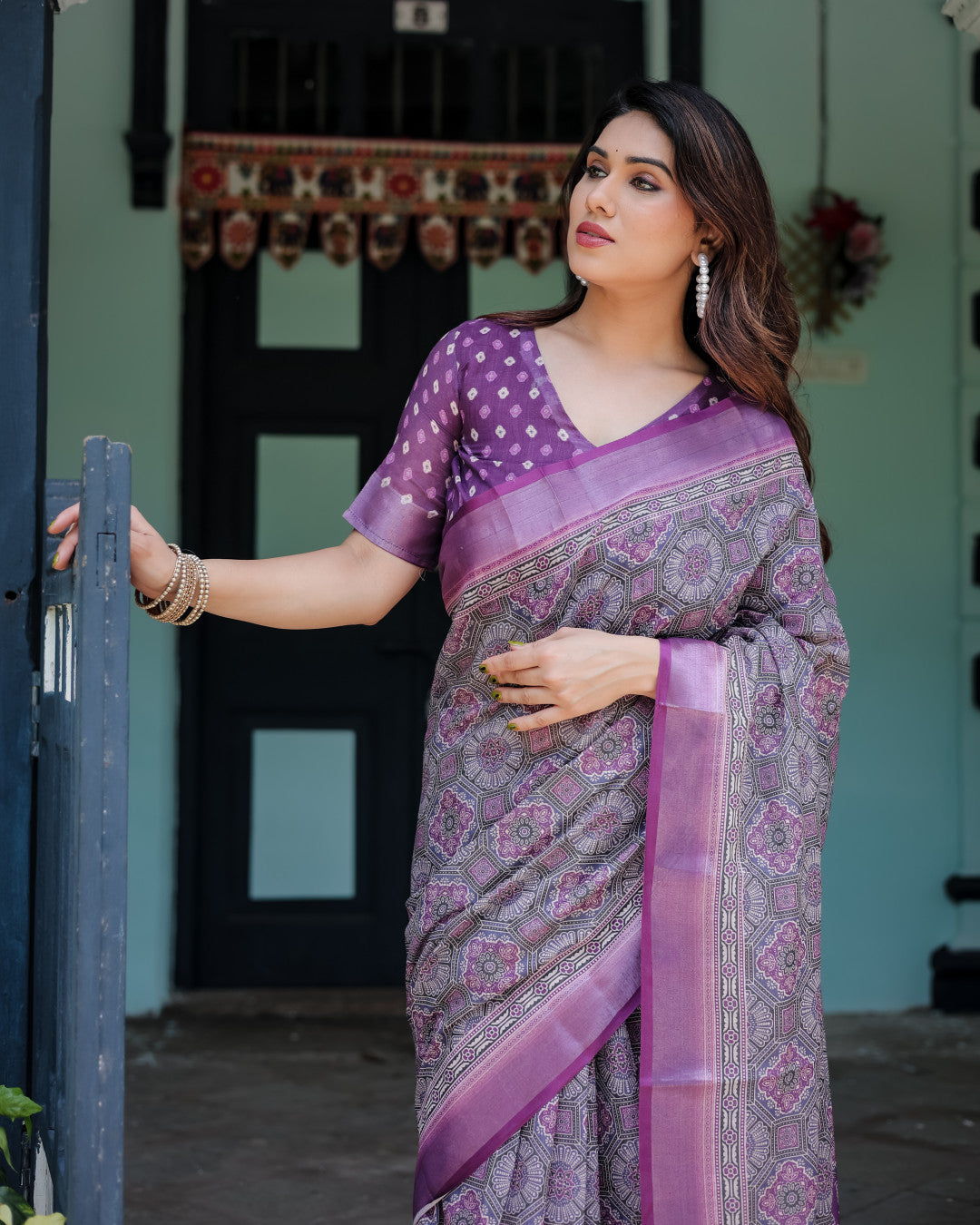 Magenta Summer Special Digital Printed Linen Cotton Saree