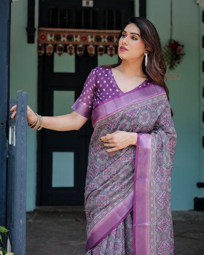 Magenta Summer Special Digital Printed Linen Cotton Saree