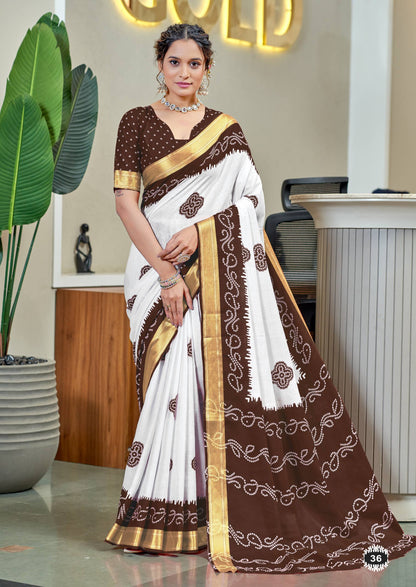 Brown Mulmul Cotton Saree With Bandhani Block Print & Zari Border | Ethnic Festive Wear – JaipurSaaj