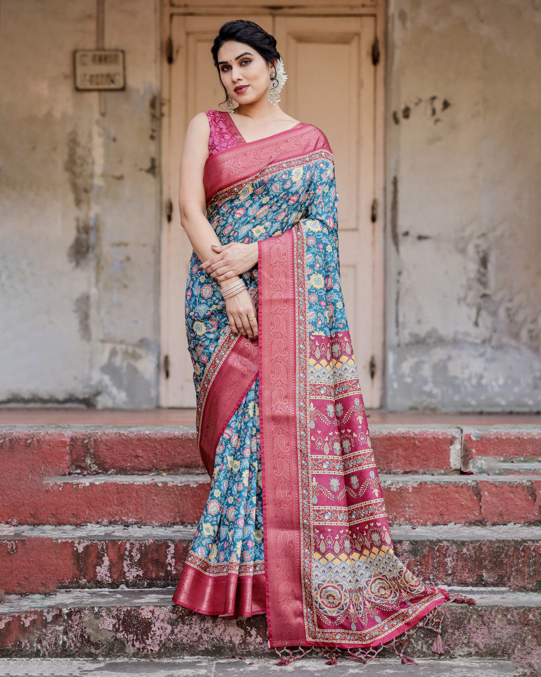Multi Color Digital Printed Tussar Silk Saree With Zari Motif Border | Traditional Festive Ethnic Wear – JaipurSaaj