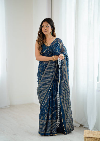 Navy Blue Color Georgette Saree With Digital Printed Work And Lace Border