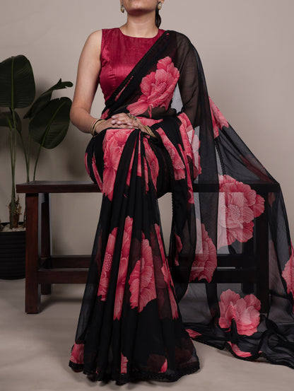 Black Chiffon Saree with Floral Printed Work & Lace Border | Designer Party Wear – JaipurSaaj