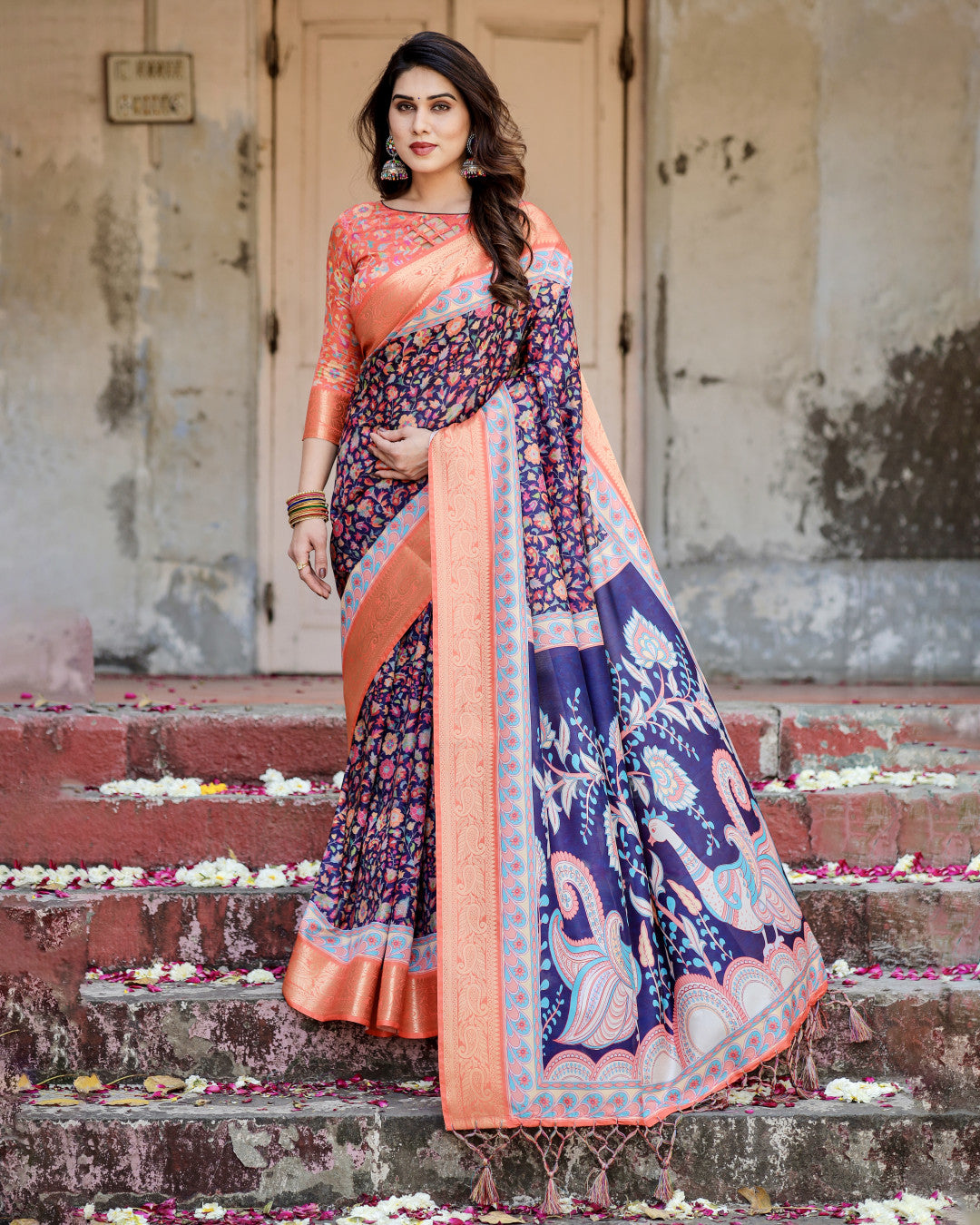 Multi Kalamakari Floral Printed Tussar Silk Saree With Zari Motif Border | Festive Ethnic Wear – JaipurSaaj