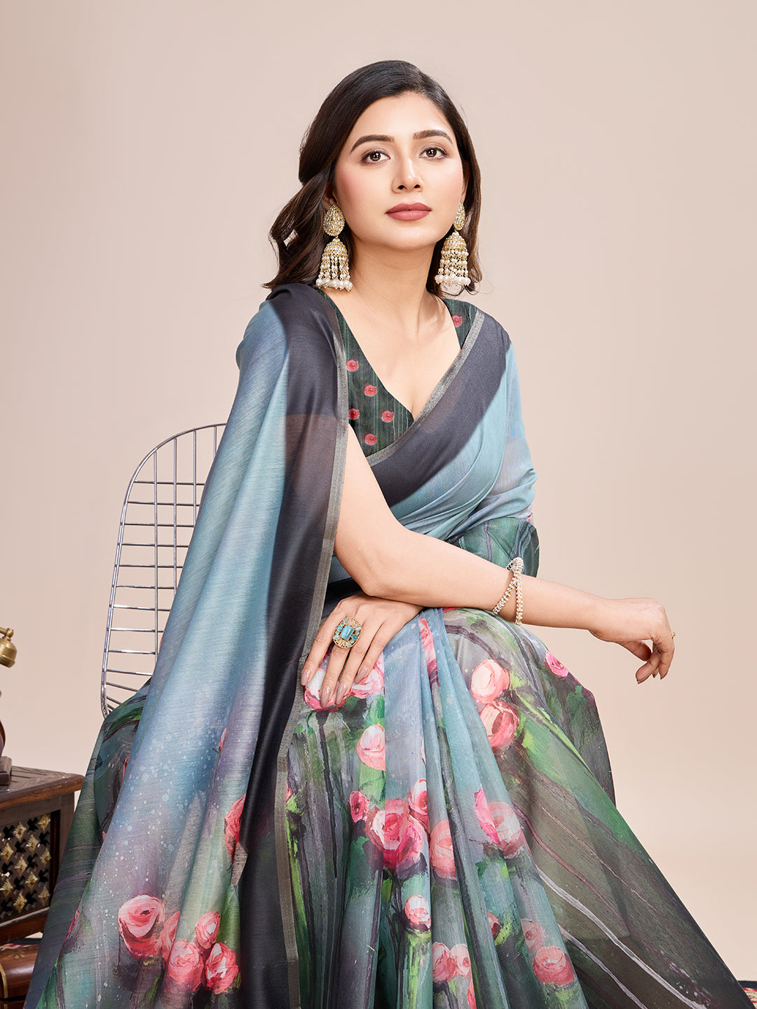 Gray Soft Linen Cotton Saree With Floral Printed Work | Lightweight Traditional Ethnic Wear – JaipurSaaj