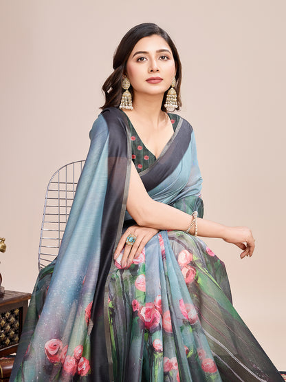 Gray Soft Linen Cotton Saree With Floral Printed Work | Lightweight Traditional Ethnic Wear – JaipurSaaj