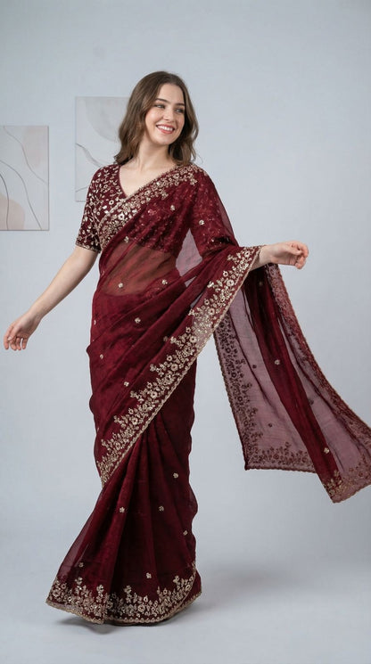 Maroon Fandy Chiffon Silk Saree With Sequin Work & Cut Work Border | Party & Reception Wear – JaipurSaaj