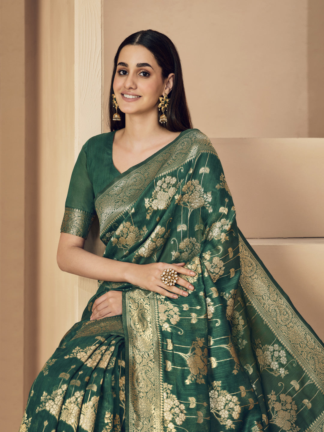 Green Soft Linen Silk Saree With Zari Weaving Work