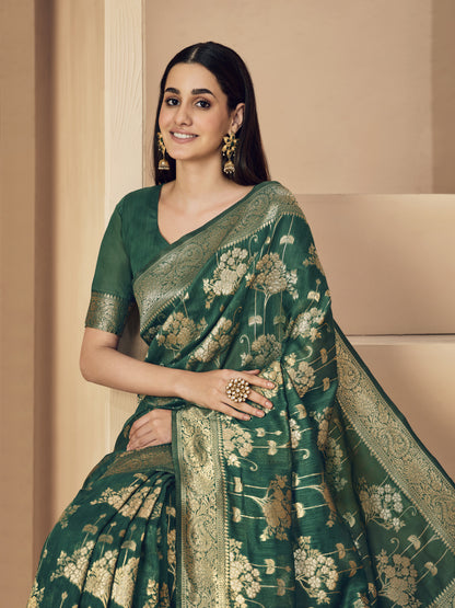 Green Soft Linen Silk Saree With Zari Weaving Work