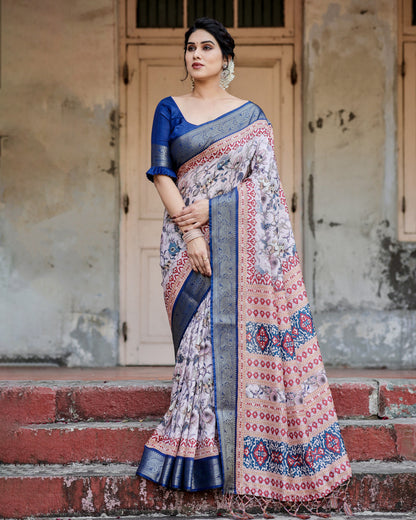 Multi Color Digital Printed Tussar Silk Saree With Zari Motif Border | Traditional Festive Ethnic Wear – JaipurSaaj