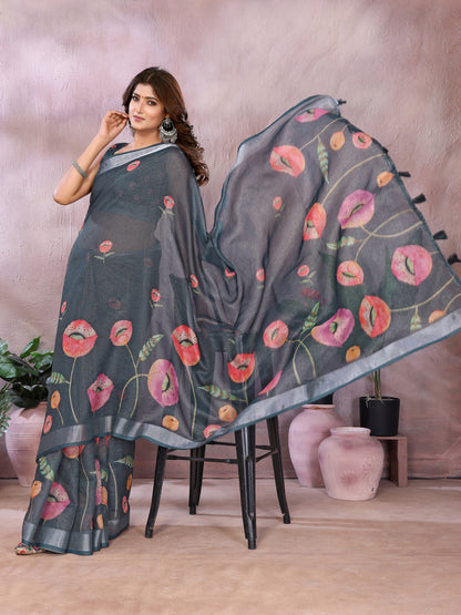 Gray Linen Cotton Saree With Digital Printed Work And Silver Zari Border