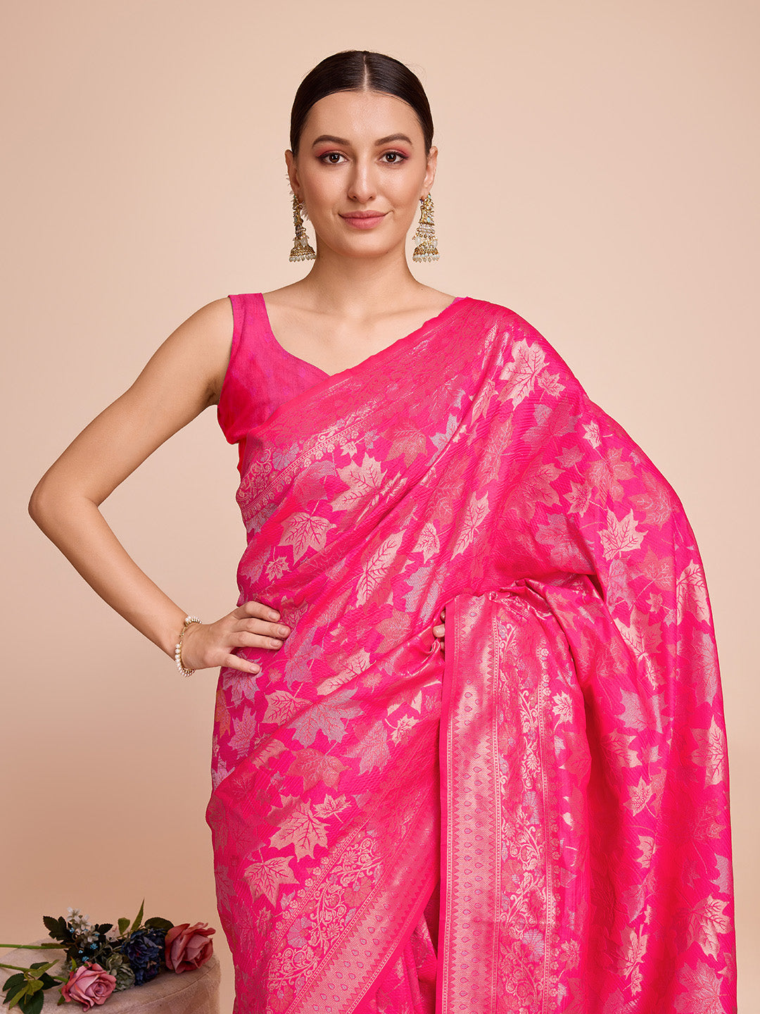 Golden & Copper Zari Weaving With Pink Soft Silk Banarasi Saree | Party & Wedding Wear - JaipurSaaj
