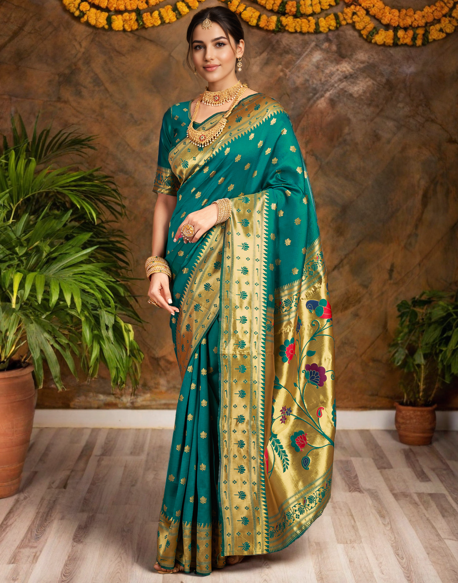 Traditional Rama Green Paithani Silk Saree With Zari Weaving Work
