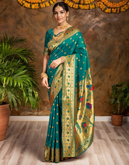Traditional Rama Green Paithani Silk Saree With Zari Weaving Work