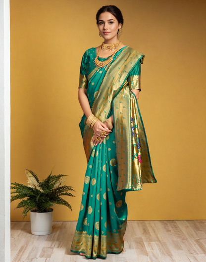 Rama Green Paithani Silk Saree With Zari Weaving Work