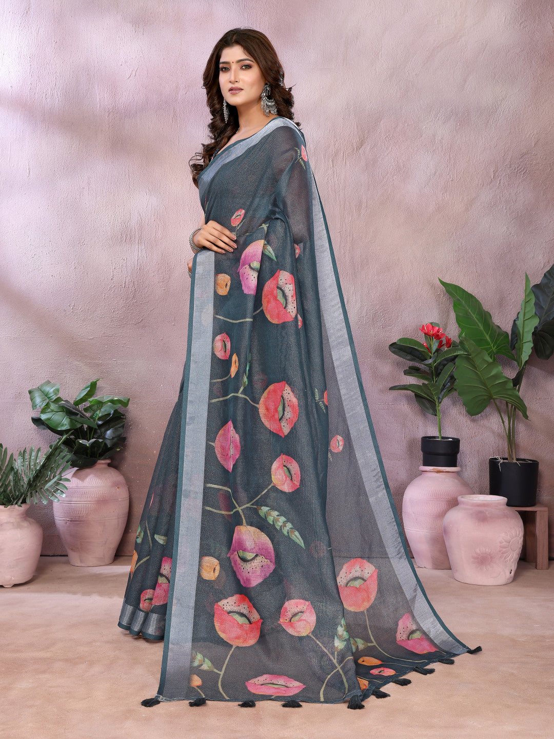 Gray Linen Cotton Saree With Digital Printed Work And Silver Zari Border