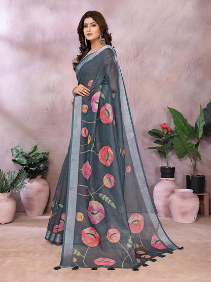 Gray Linen Cotton Saree With Digital Printed Work And Silver Zari Border