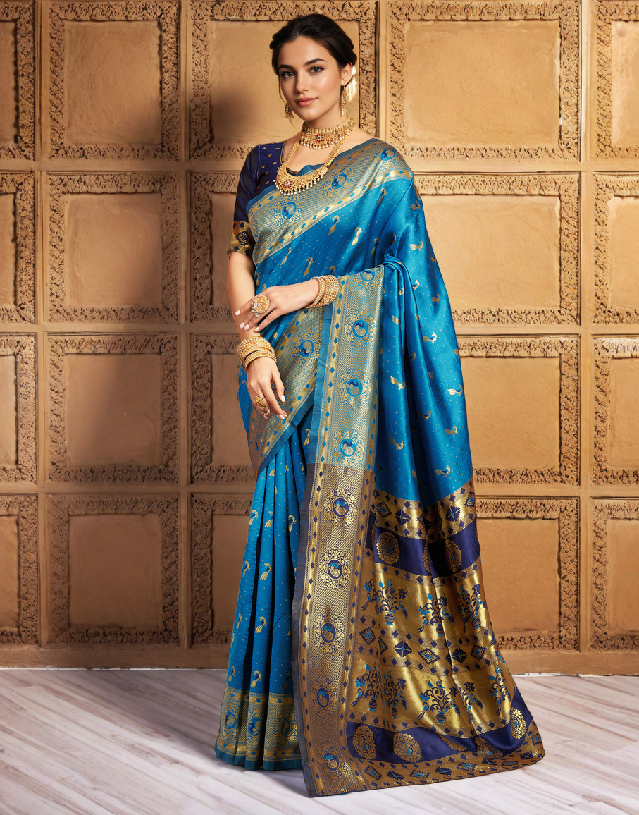 Traditional Firoji Paithani Silk Saree With Zari Weaving Work
