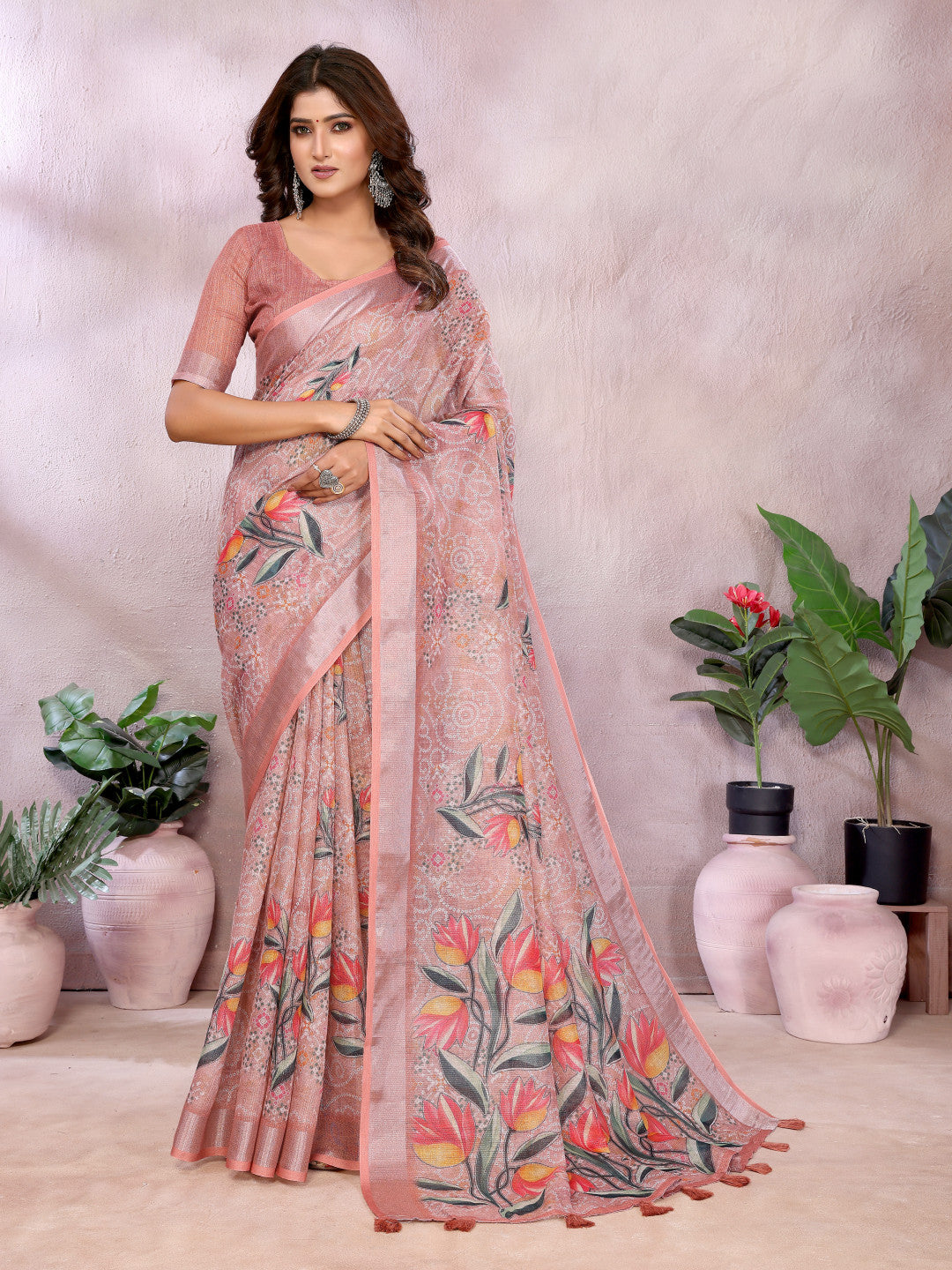 Peach Linen Cotton Saree With Digital Printed Work And Silver Zari Border