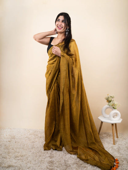 Mustard Yellow Plain Khadi Cotton Saree With Fancy Tassel Work | Handloom Office Wear – JaipurSaaj