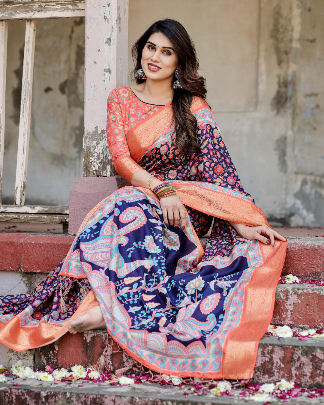 Multi Kalamakari Floral Printed Tussar Silk Saree With Zari Motif Border | Festive Ethnic Wear – JaipurSaaj