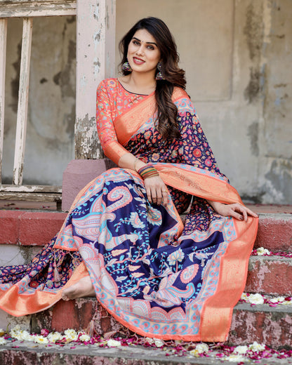 Multi Kalamakari Floral Printed Tussar Silk Saree With Zari Motif Border | Festive Ethnic Wear – JaipurSaaj