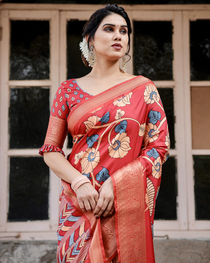 Red Tussar Silk Saree With Digital Kalamkari Print & Zari Motif Border | Casual & Festive Wear – JaipurSaaj