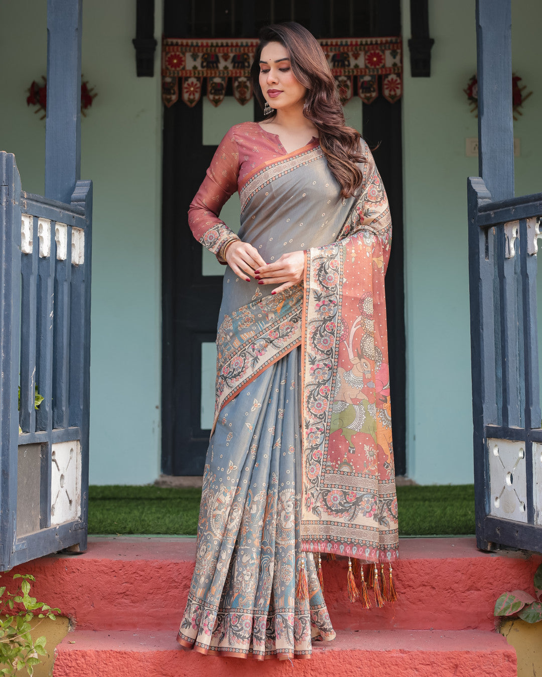 Blue Kalamkari Printed Linen Cotton Saree | Summer Casual & Ethnic Wear – JaipurSaaj