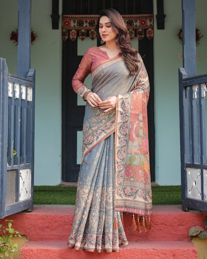 Blue Kalamkari Printed Linen Cotton Saree | Summer Casual & Ethnic Wear – JaipurSaaj